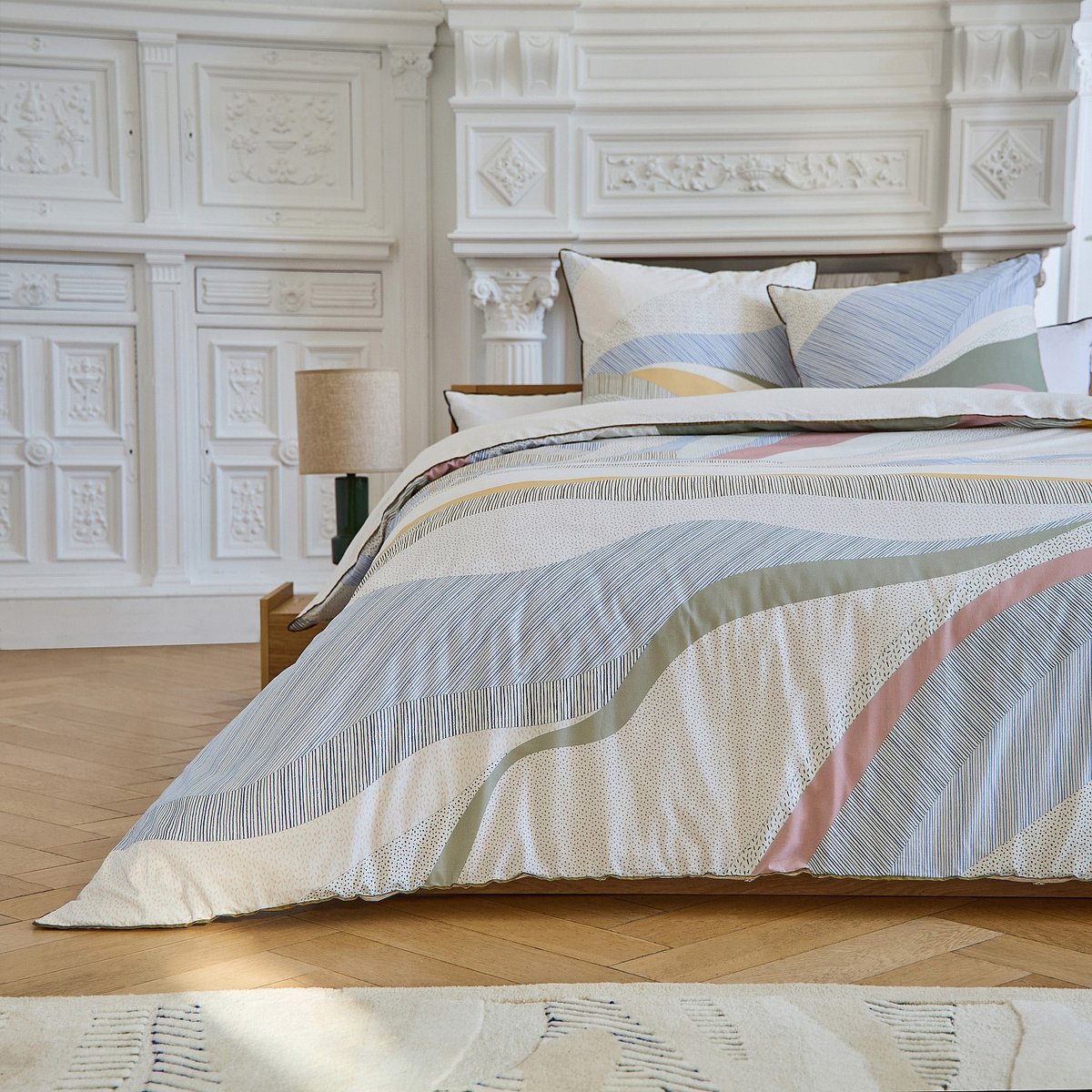 Parure de lit en percale de coton bio AZELIE kaki, bleu, beige, multicolore, HABITAT