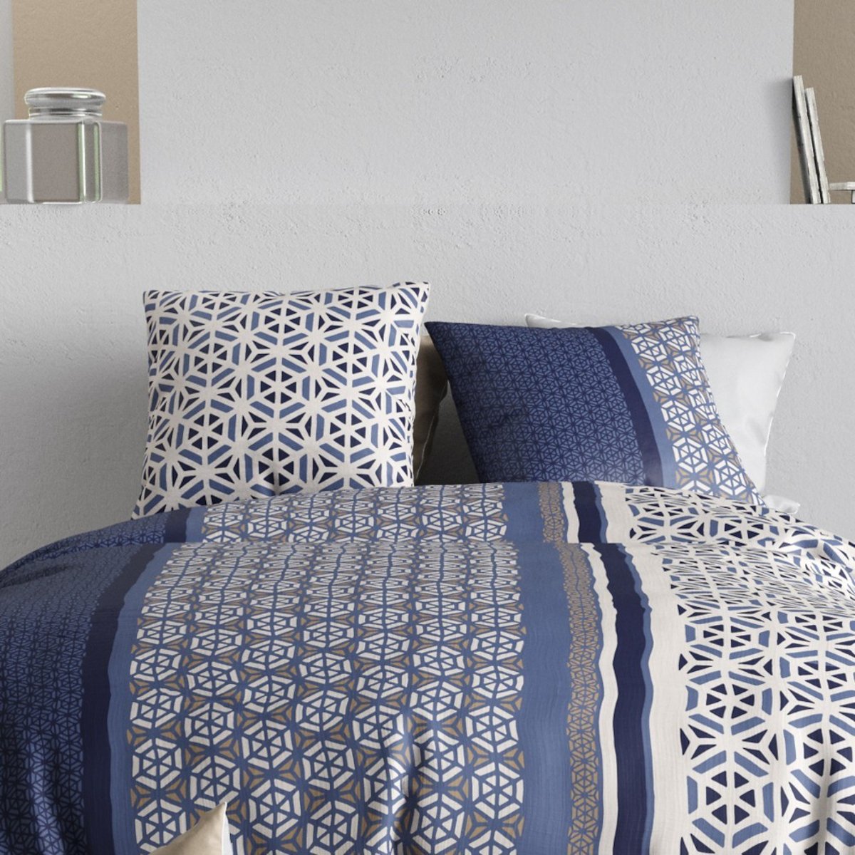 Housse de couette 260x240 + 2 taies en coton 57 fils bleu, DECORATIE