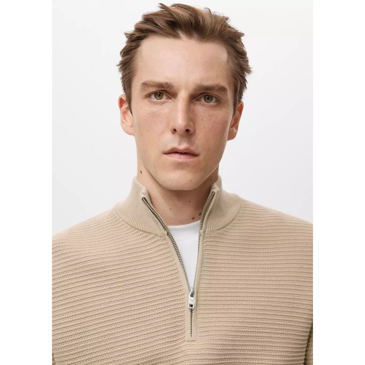 Pull-over coton col zippé beige, MANGO MAN
