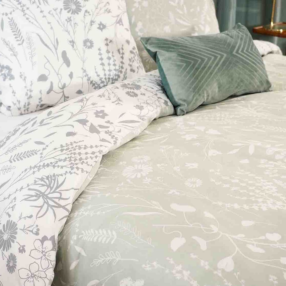 Parure de lit - housse de couette en satin de coton imprimée vert, EDEN