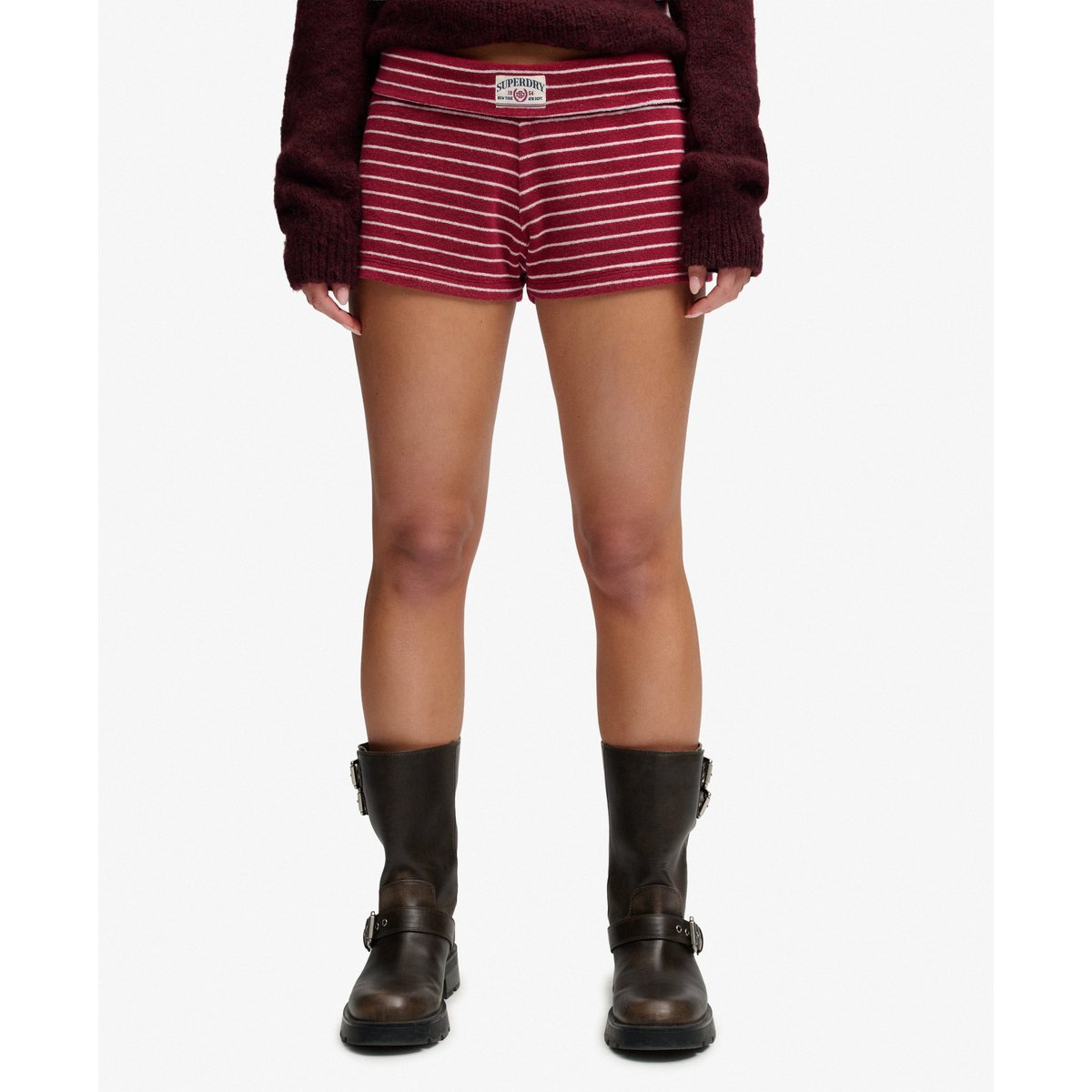 Short en tissu éponge à revers Athletic Essentials rayé rouge porto, SUPERDRY