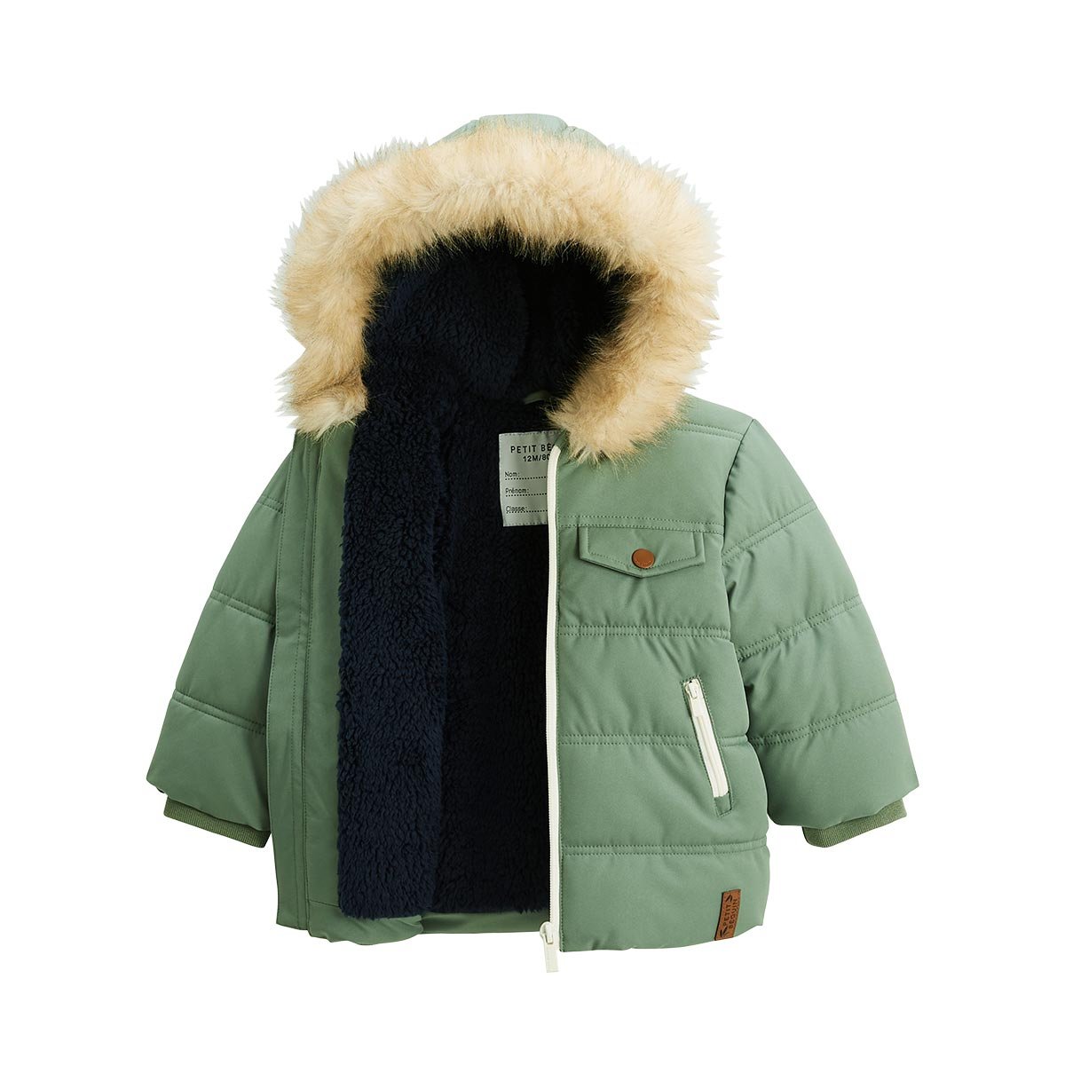Doudoune enfant imperméable doublée sherpa avec capuche Anouk kaki, PETIT BEGUIN