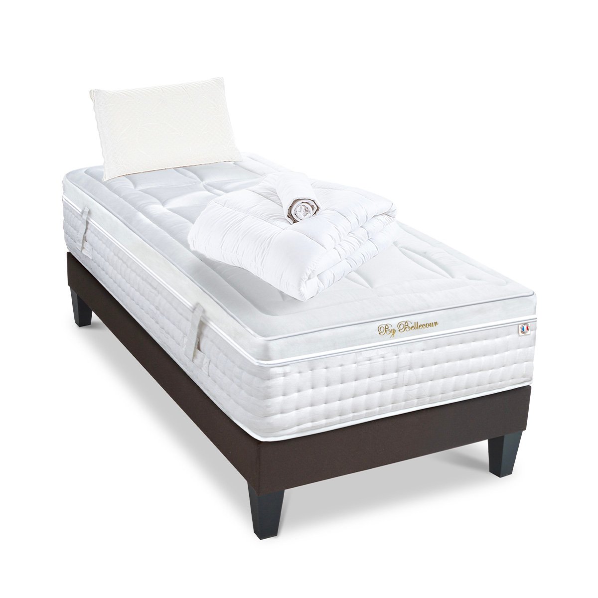 Pack Empereur 140x190 cm Matelas Mousse + Sommier Bois + Accessoires blanc, BELLECOUR