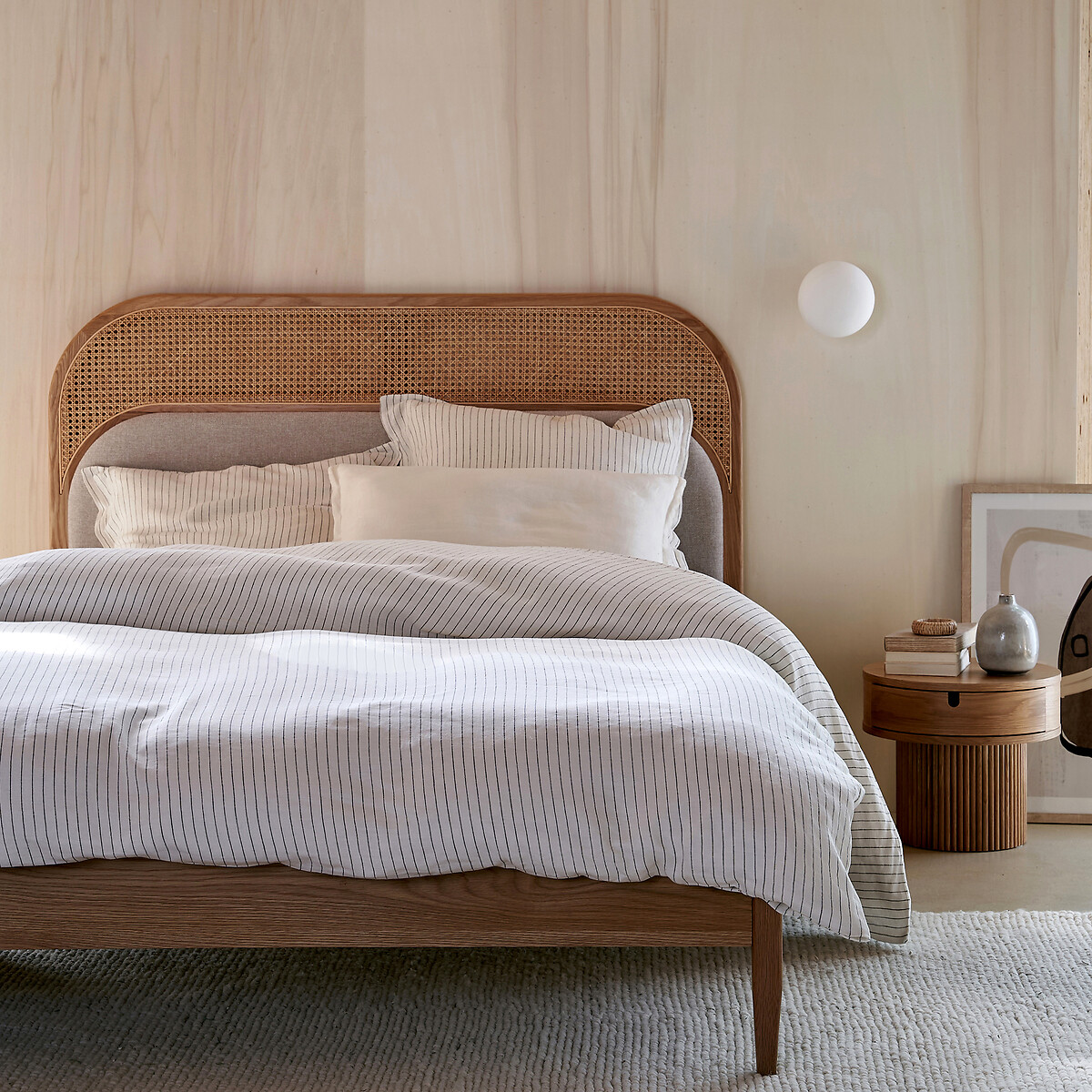Cama em palhinha e veludo, com estrado, Buisseau carvalho/bege, LA REDOUTE INTERIEURS