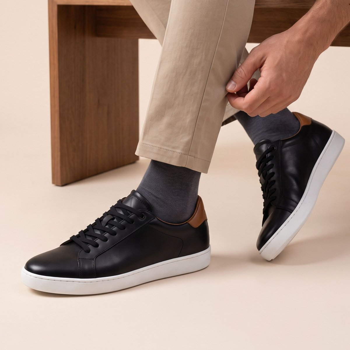 Tennis lacet homme cuir noir/blanc, JULES & JENN