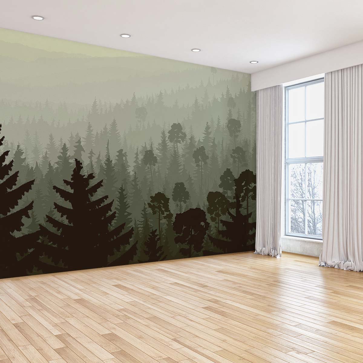 Papier peint panoramique exotique dessin de foret intissé, HEXOA