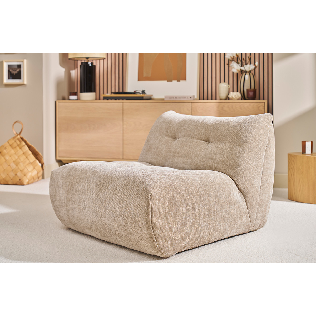 Fauteuil lounge en tissu effet velours texturé vert kaki BUMPY taupe, MILIBOO