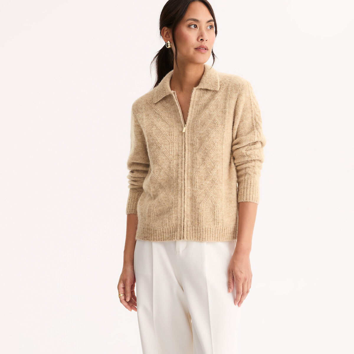 Cable Knit Zip-Up Polo Cardigan beige marl, ANNE WEYBURN