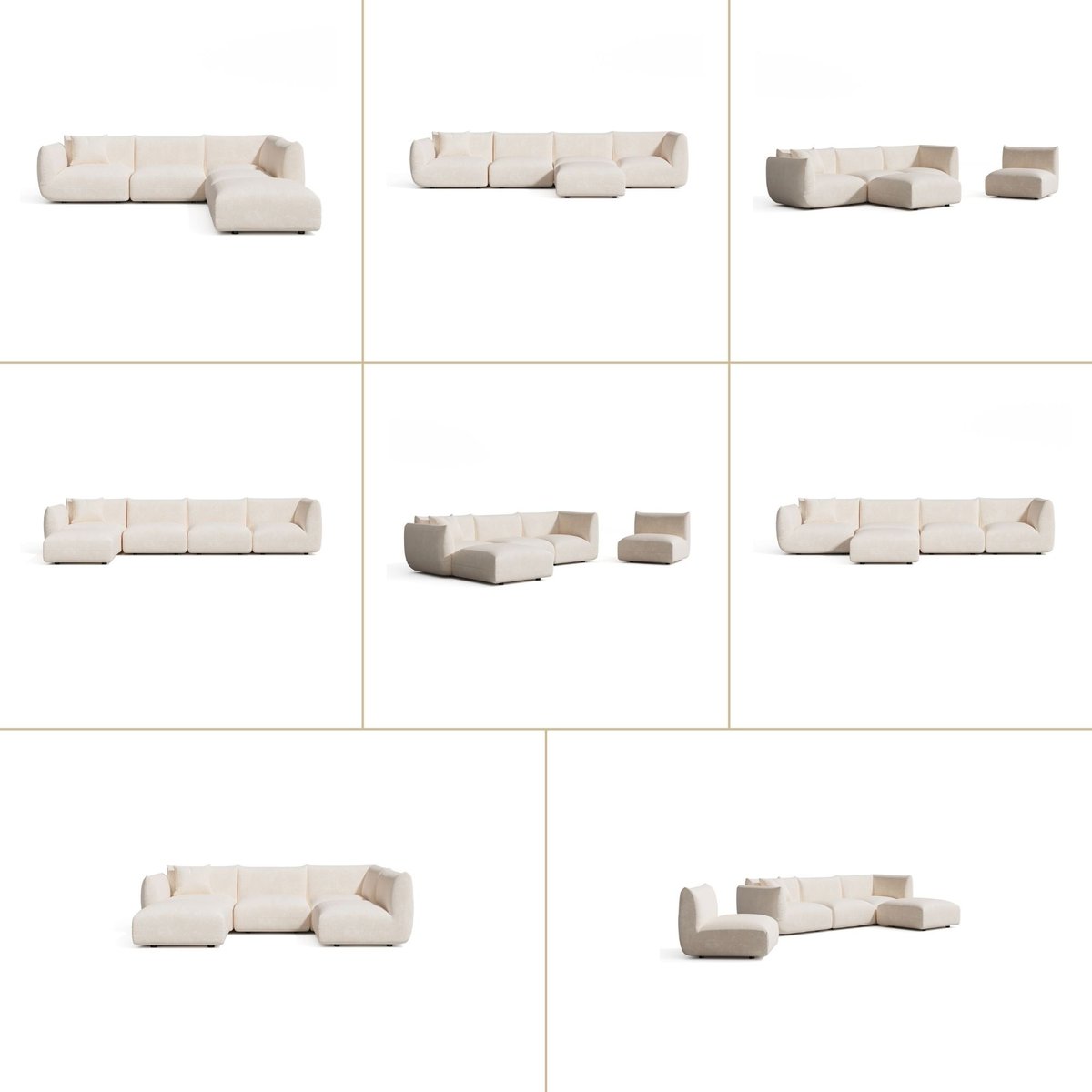 Canapé grand angle droit modulable 7 places en velours chenillé NOOMA crème, SIA HOME