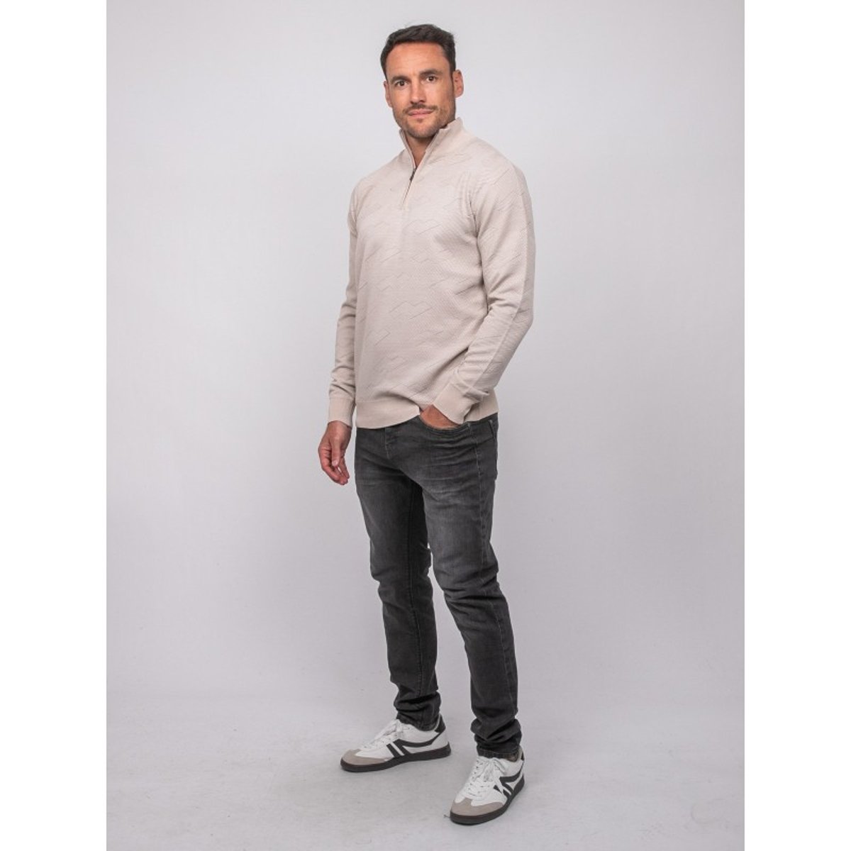 Pull Col Camionneur Zippé Jacquard Lamaton beige, RITCHIE
