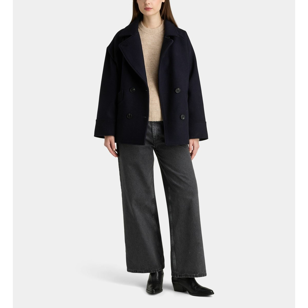 Manteau caban court turner laine recyclée bleu marine, GALERIES LAFAYETTE