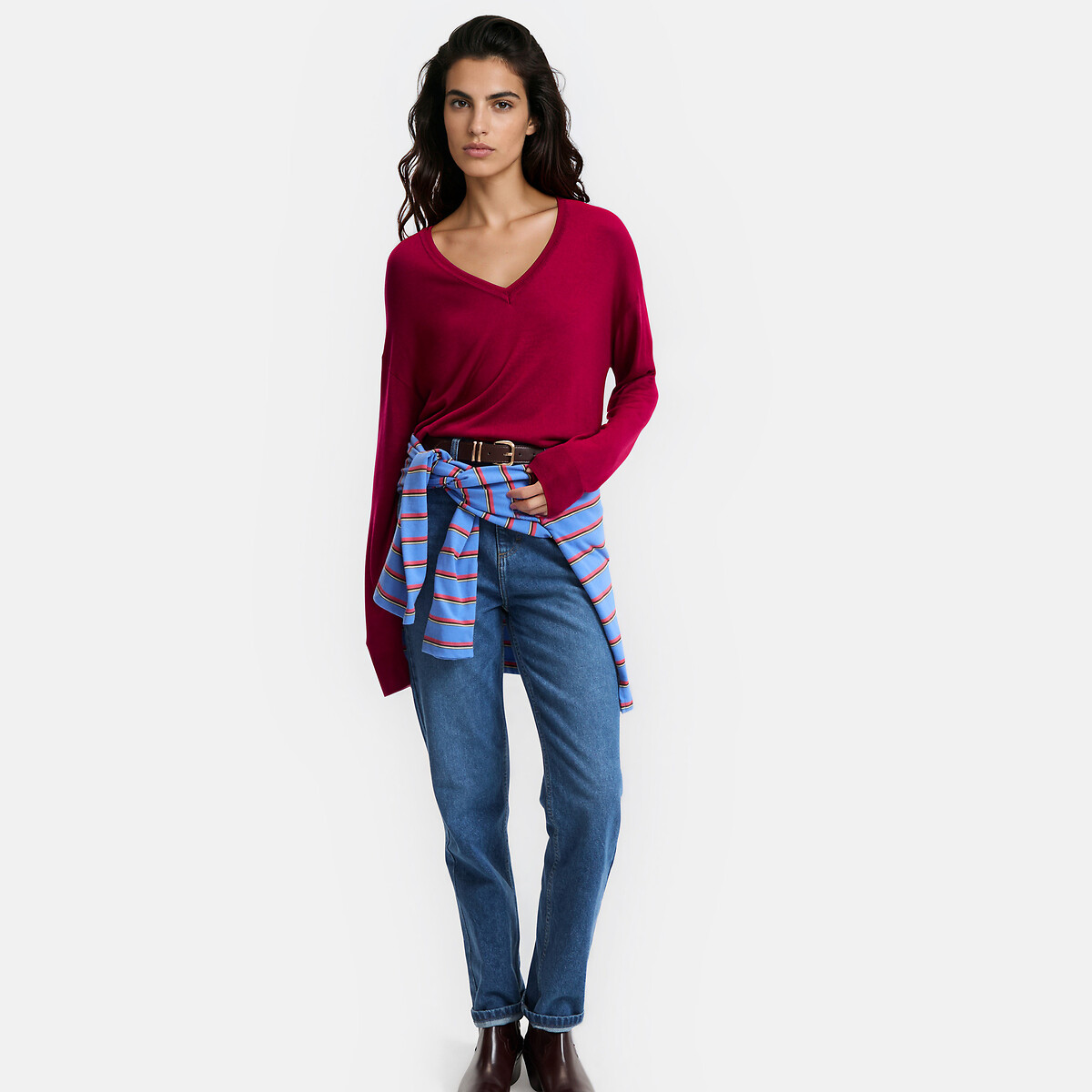 Feinstrickpullover, V-Ausschnitt bordeauxrot, LA REDOUTE COLLECTIONS