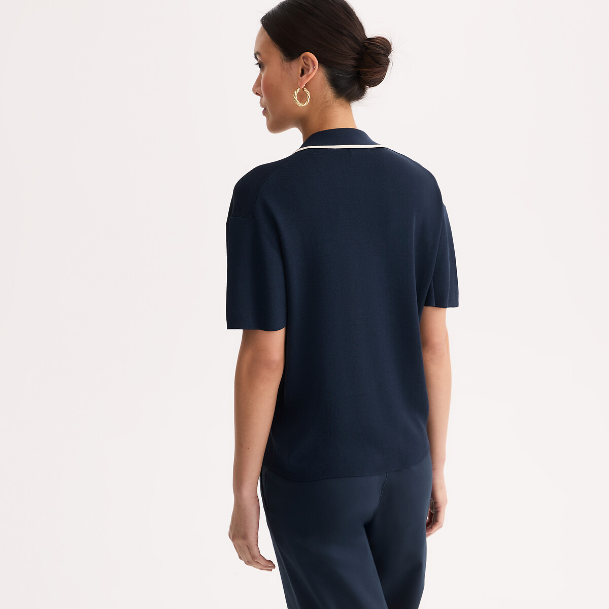 Pull col polo manches courtes en fine maille bleu marine, ANNE WEYBURN