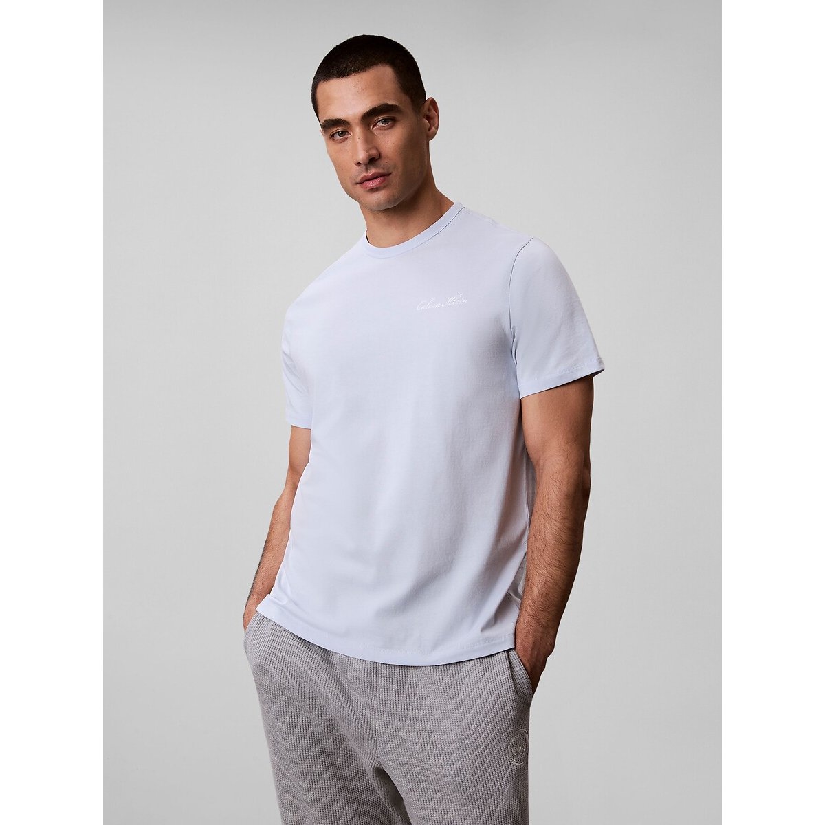 T-shirt da pigiama, a maniche corte, in popeline azzurro, CALVIN KLEIN UNDERWEAR