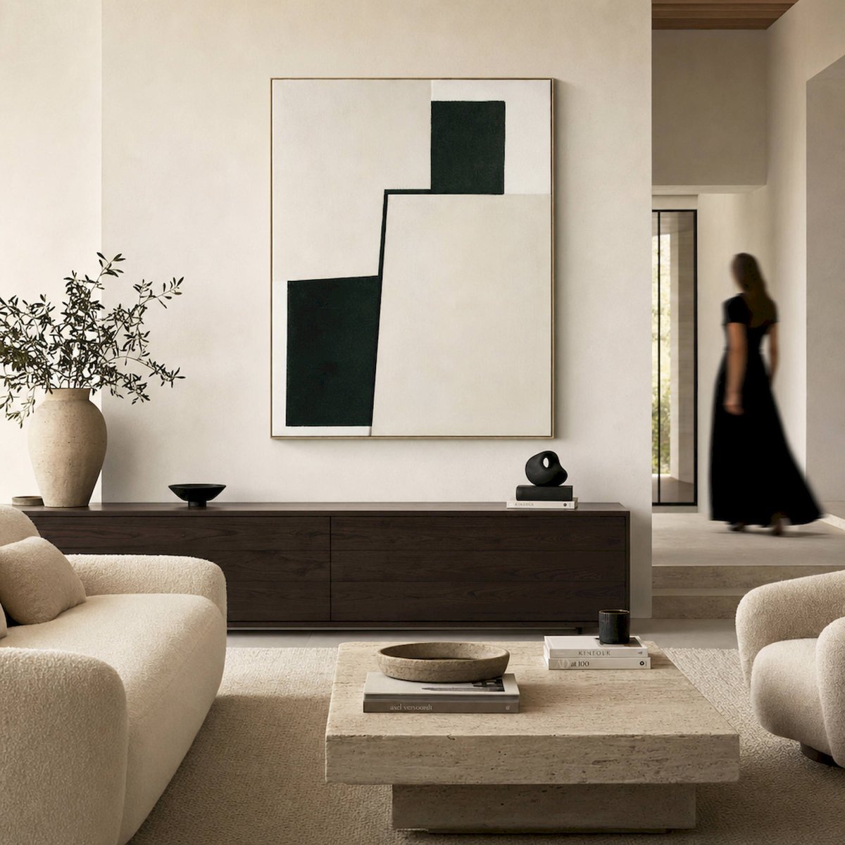 Tableau abstrait sur toile collection VACIO vert et bois clair, RECOLLECTION