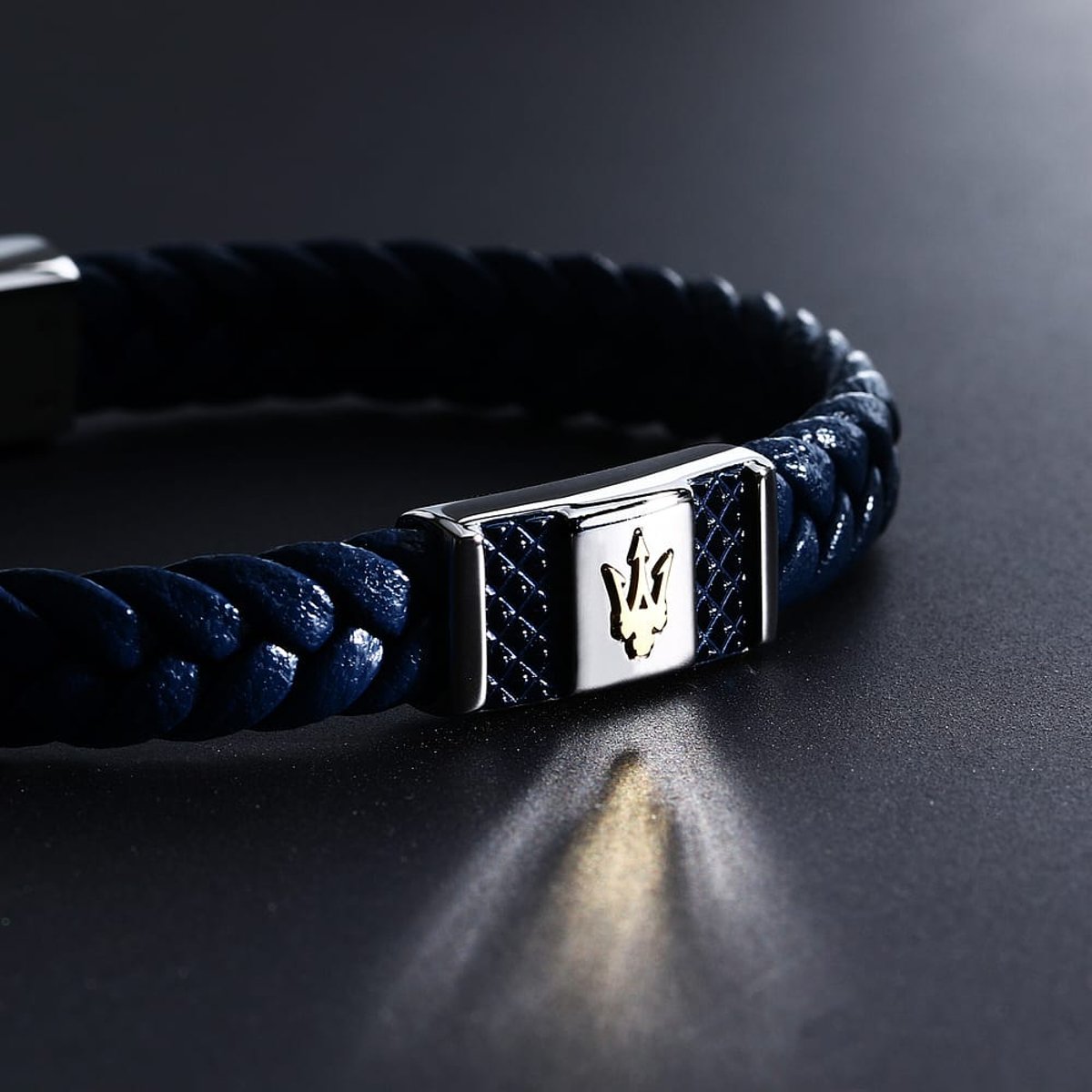 Bracelet acier, cuir RECYCLED LEATHER argent, bleu, MASERATI