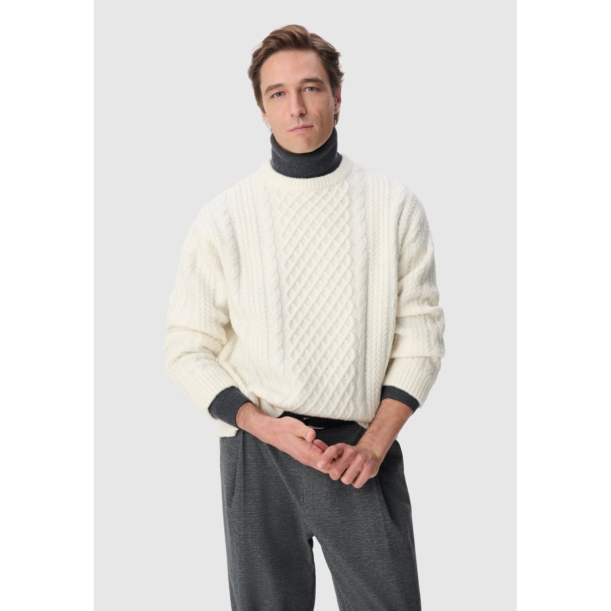 Pull col rond tricot points torsades ecru, IKKS