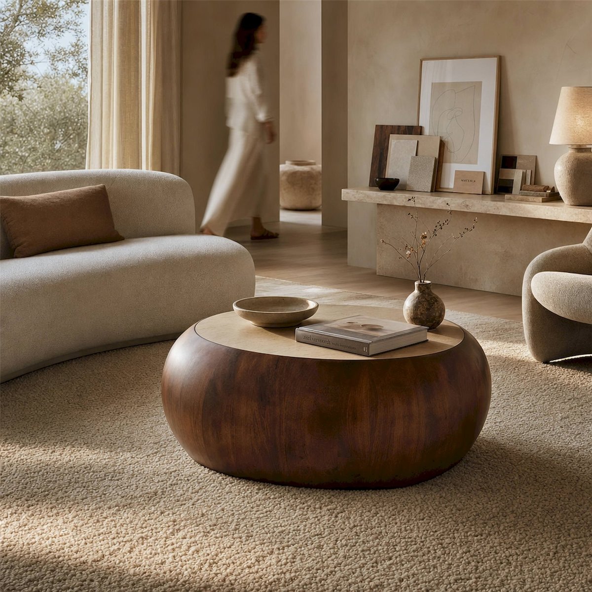Table basse ronde en bois de manguier marron et beige, RECOLLECTION