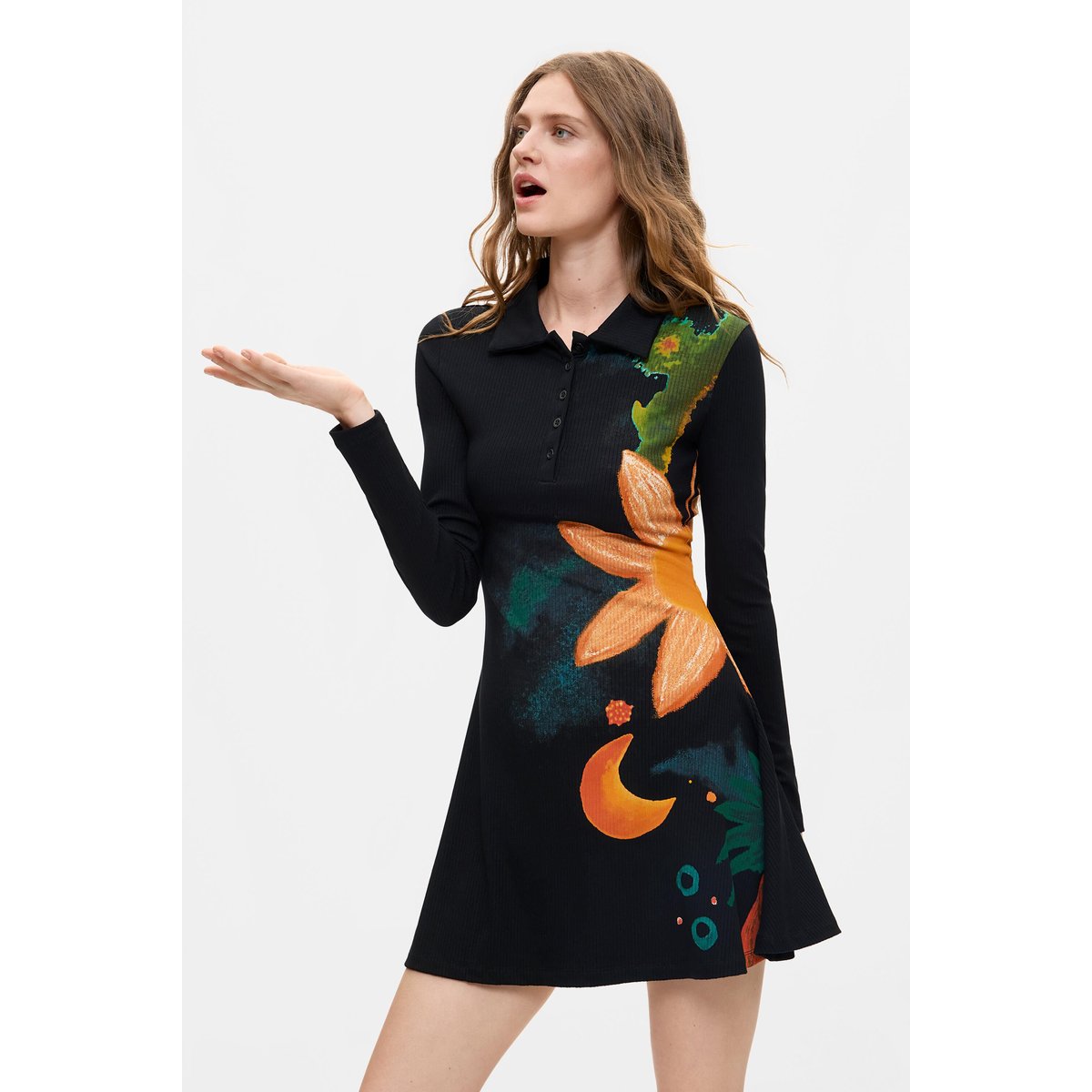 Robe fleurie à manches longues noir, DESIGUAL