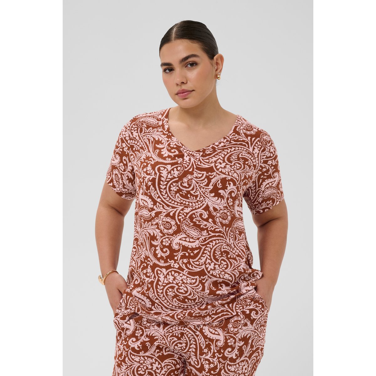 Blouse à manches courtes marron rose henna ballerina paisley, KAFFE CURVE