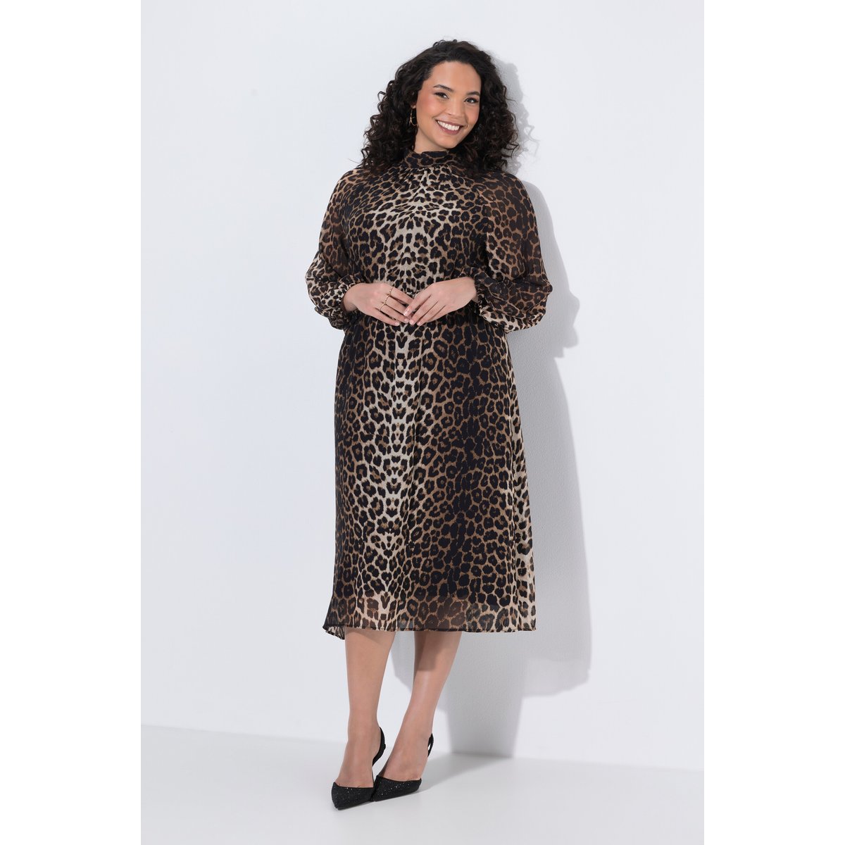 Robe midi motif léopard, coupe évasée chameau, ULLA POPKEN