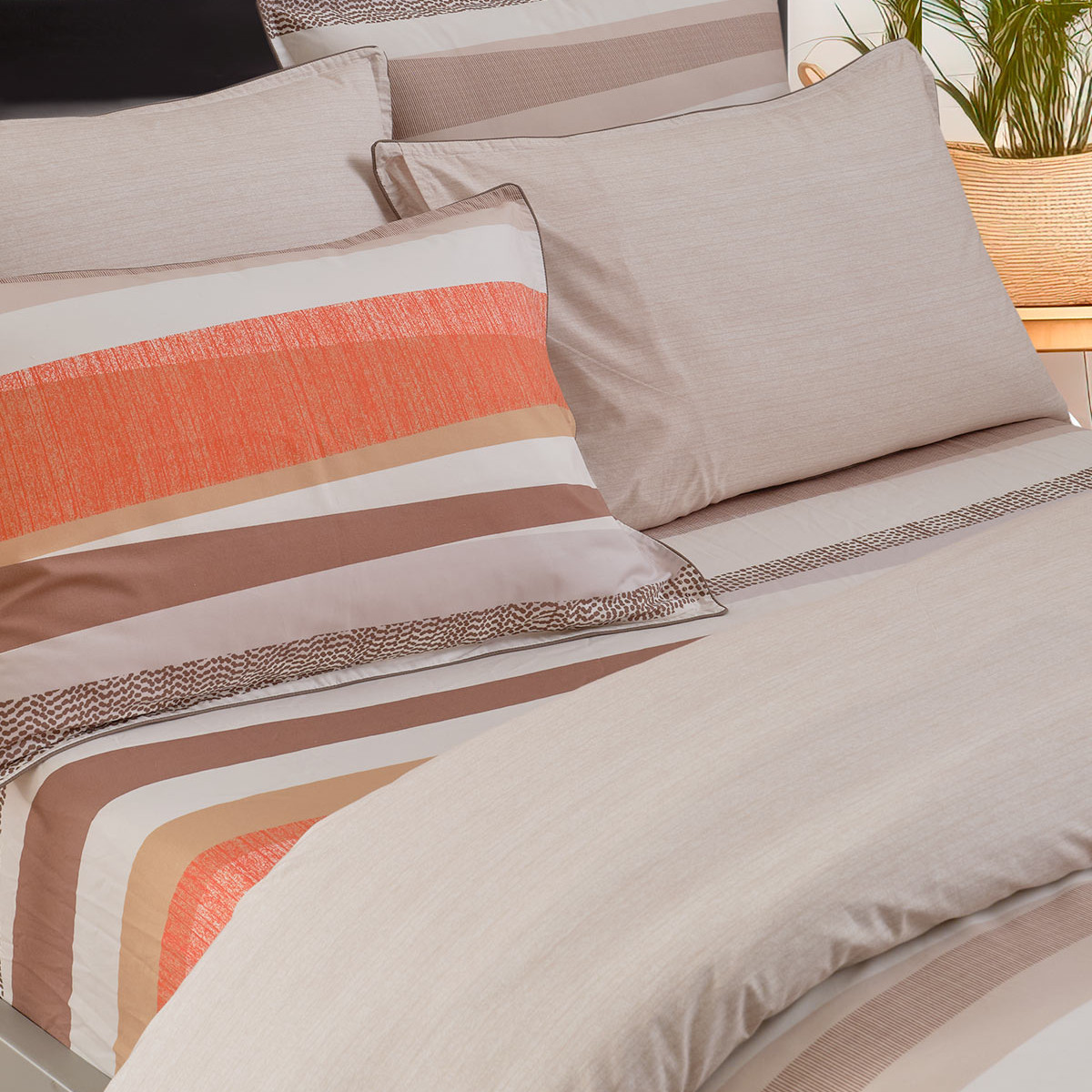 Lot de 2 taies d'oreillers en percale de coton finition passepoil YAKOUBA ficelle, SENSEI MAISON