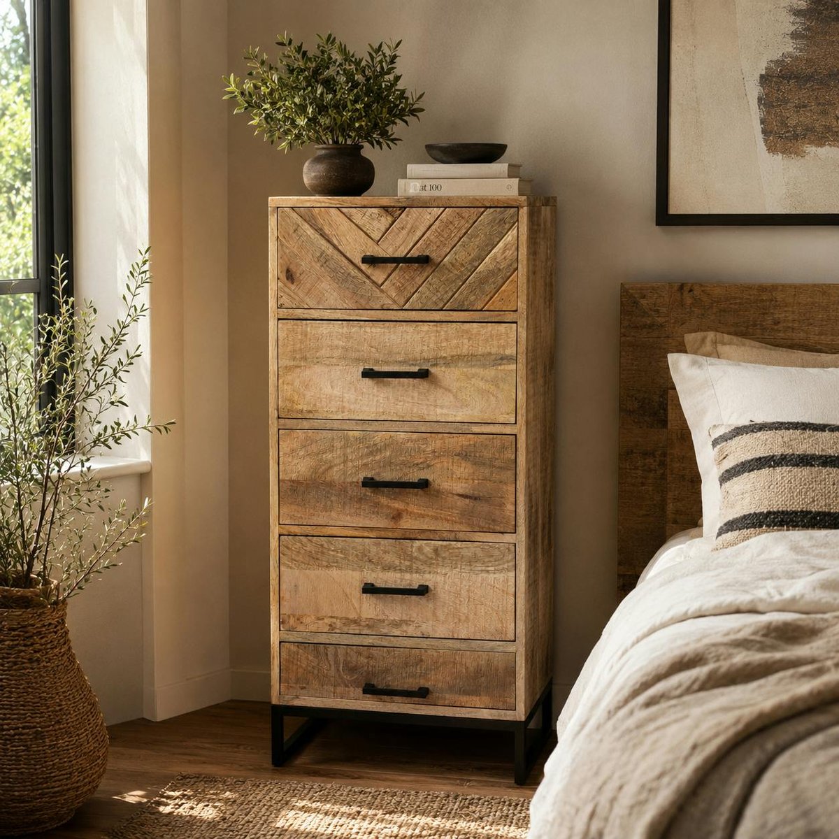 Commode étroite en bois de manguier 5 tiroirs BRIX bois naturel, PIER IMPORT