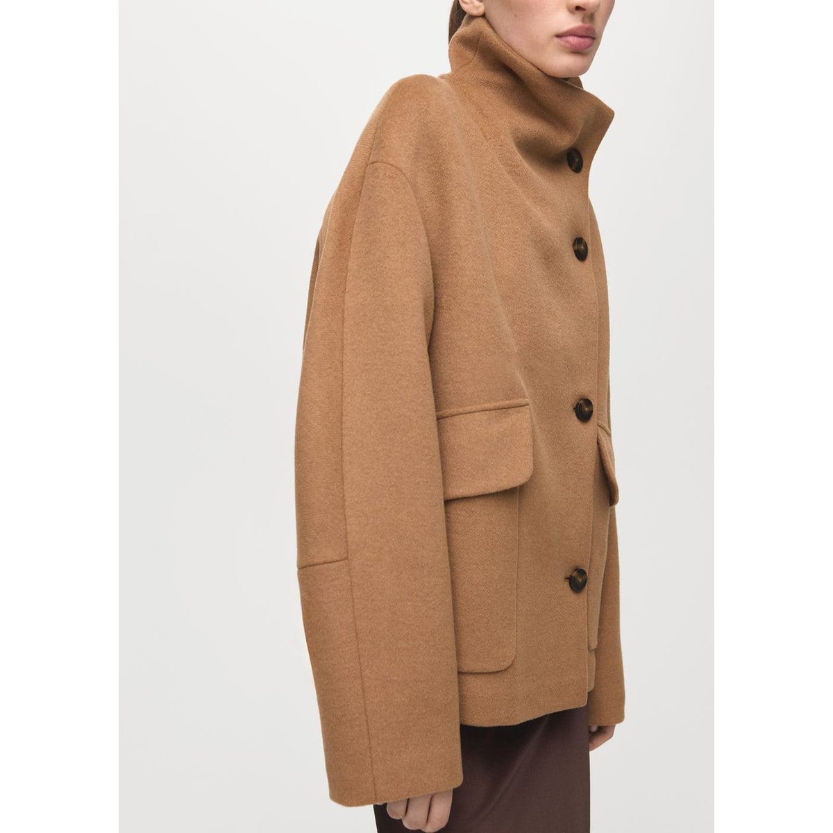Manteau laine mélangée col cheminée marron moyen, MANGO