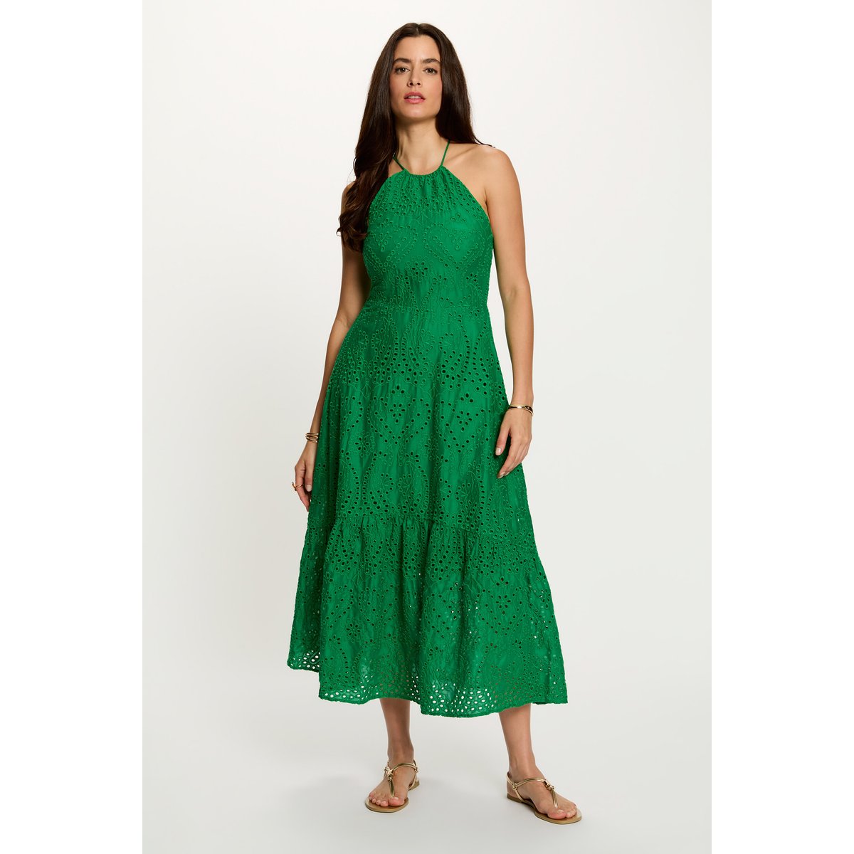 Robe longue broderie anglaise vert prairie, MORGAN