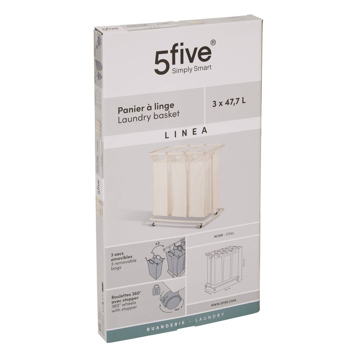 Panier à linge à roulettes 3 compartiments LINEA beige, 5FIVE SIMPLY SMART