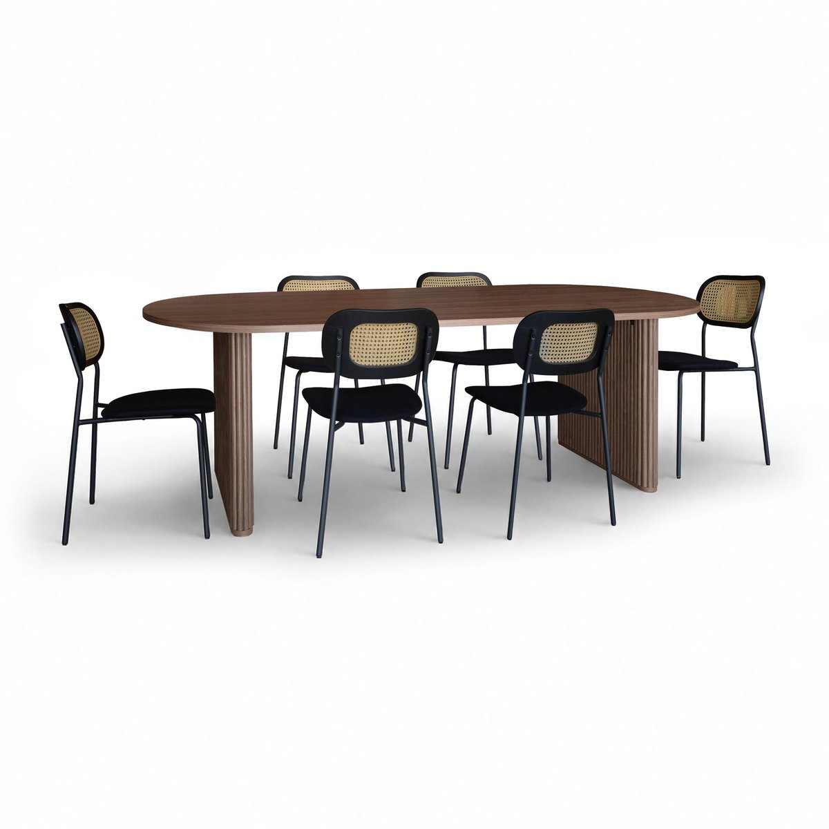 Table ovale effet bois 230cm + 6 chaises en rotin et velours noyer / noir, NOW'S HOME