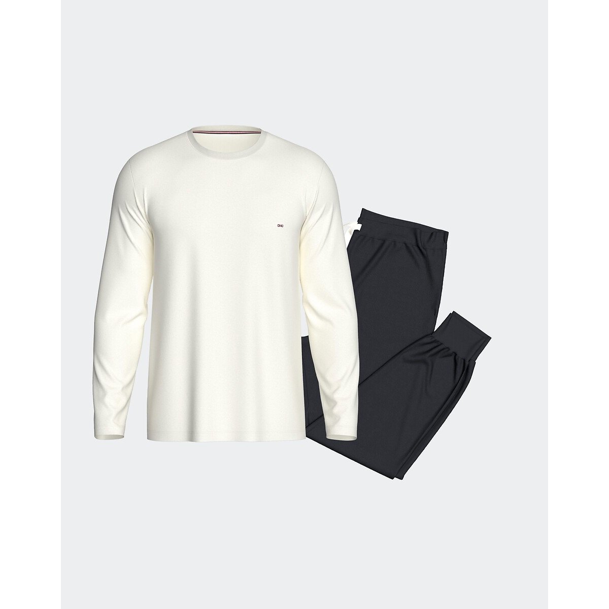 Pigiama lungo, pantaloni a tinta unita marine + bianco, EDEN PARK