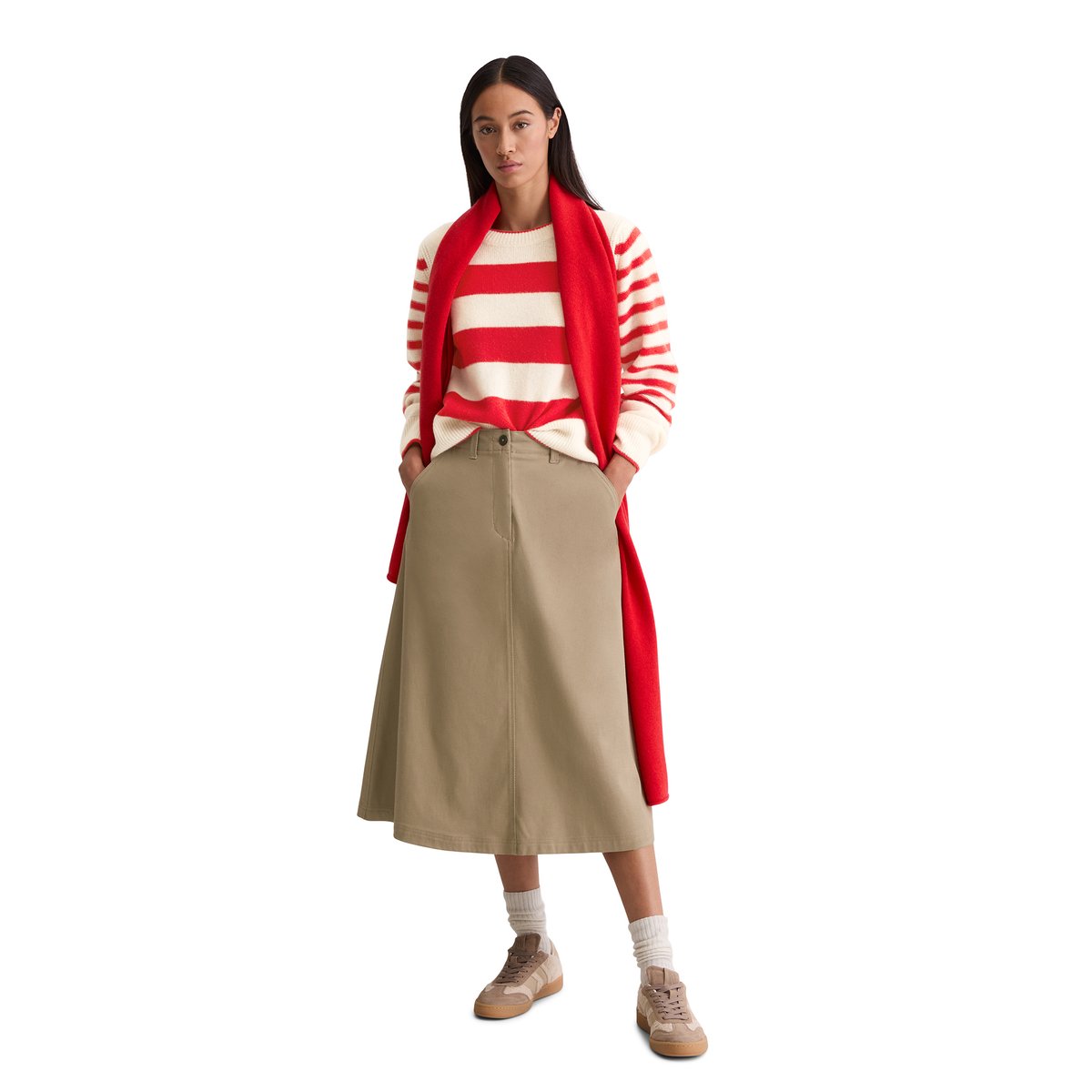 Jupe midi A-Shape en Organic Cotton-Lyocell stretch marron, MARC O'POLO