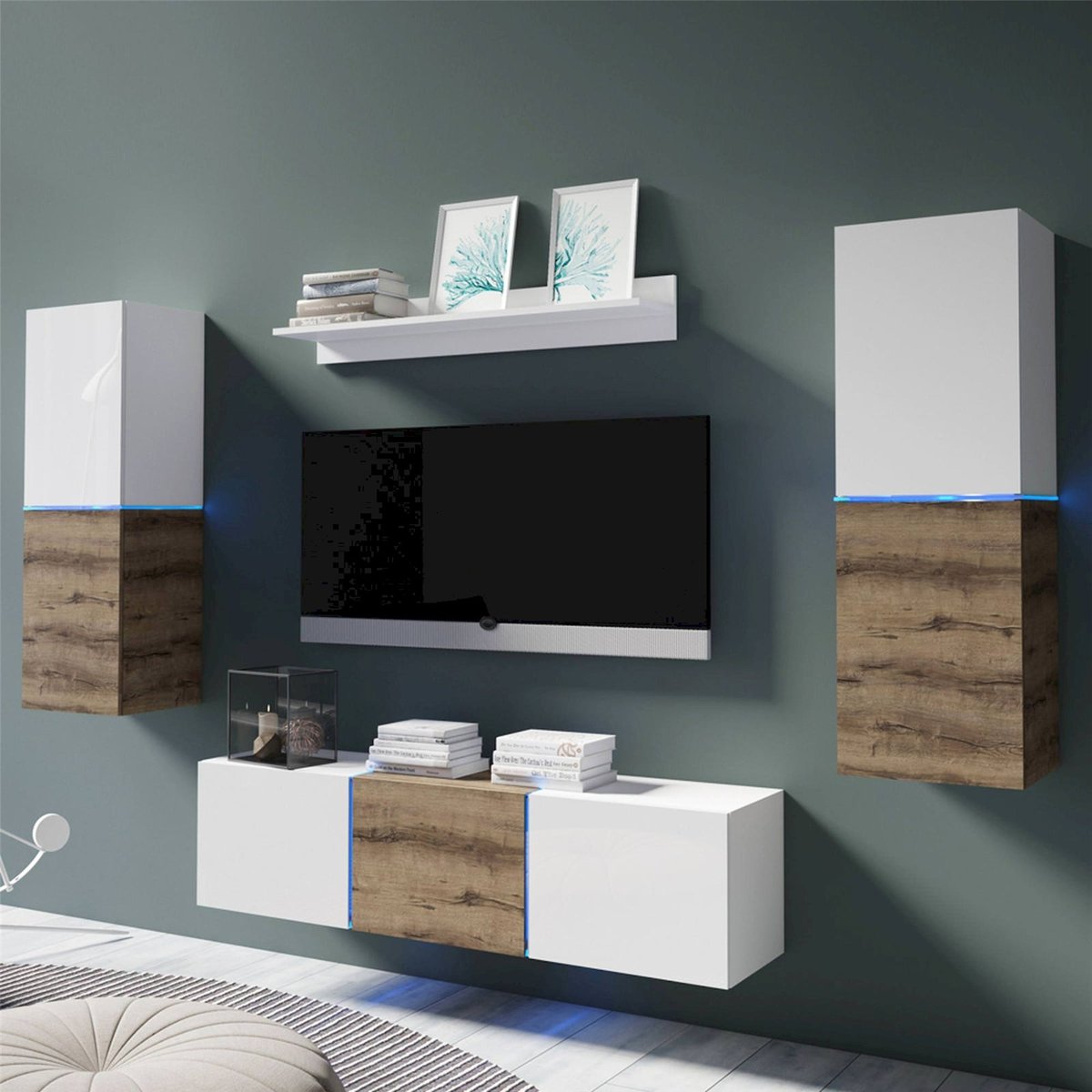 Vitrine murale bois avec éclairage LED blanc mat, blanc brillant et chêne monastery, RECOLLECTION