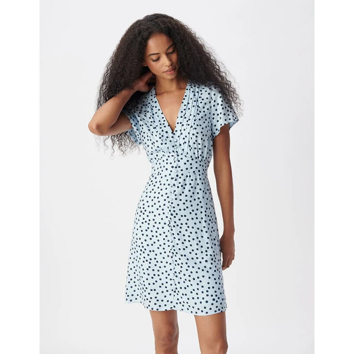 Polka Dot Full Short Sleeve V-Neck Mini Dress chambray blue , IKKS