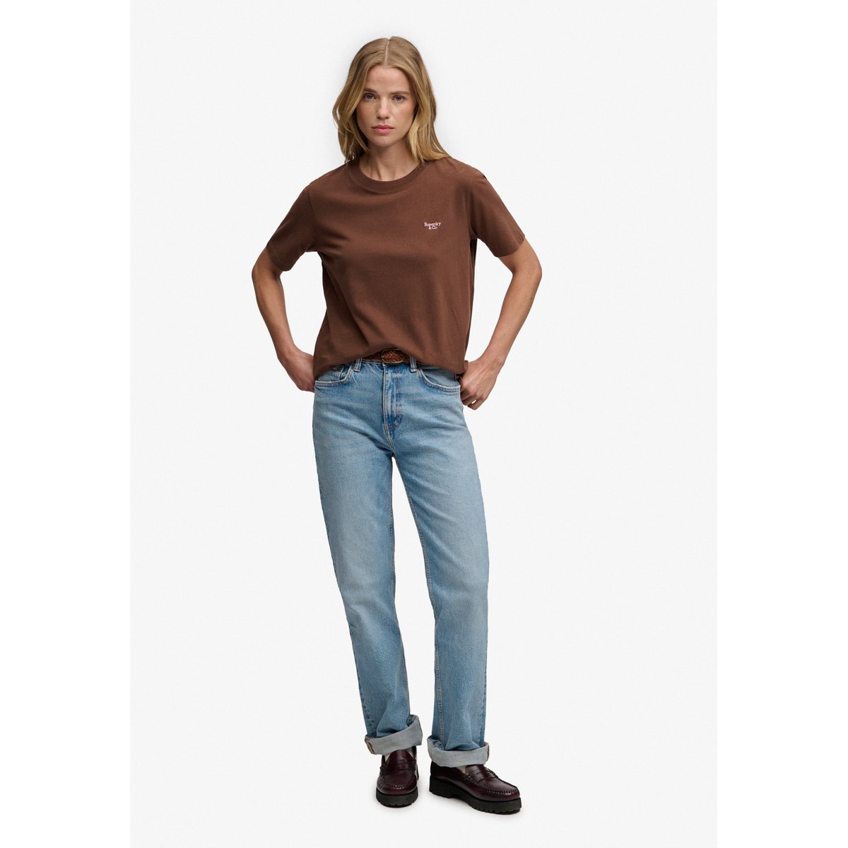 T-shirt Signature Embroidered coupe décontractée marron châtaigne, SUPERDRY