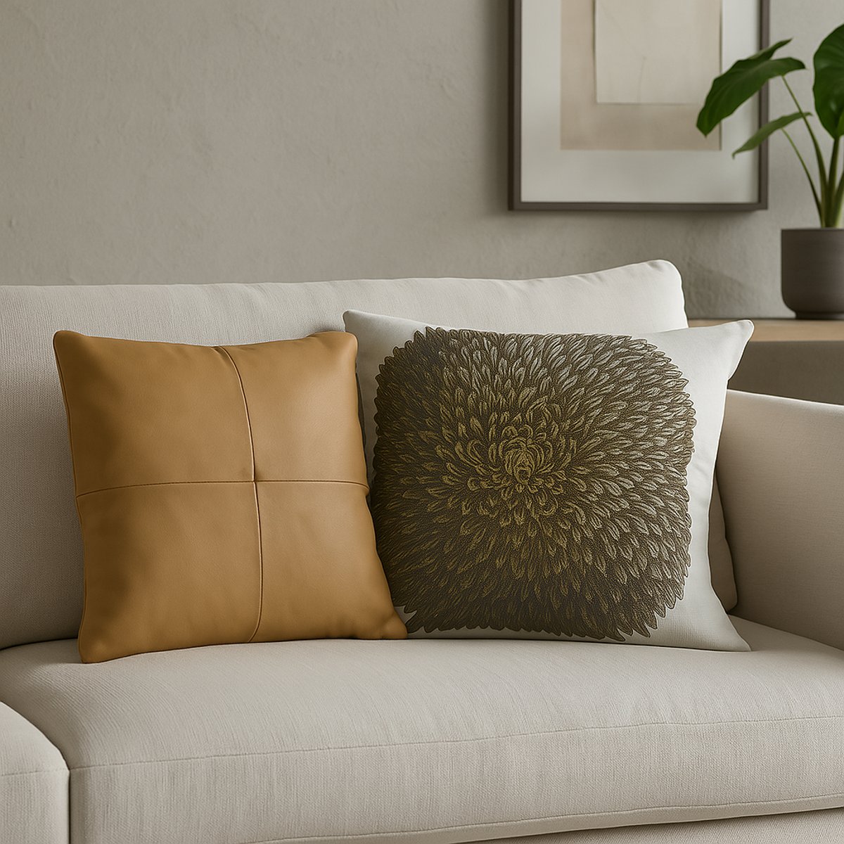 Housse de coussin en coton et cuir 40x40 GEORGE marron, SIA DECO