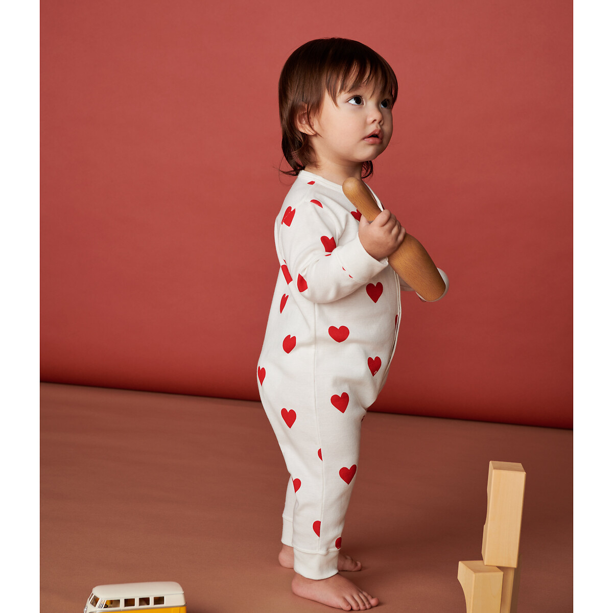 Pyjama 1 pièce sans pieds imprimé coeur, PETIT BATEAU