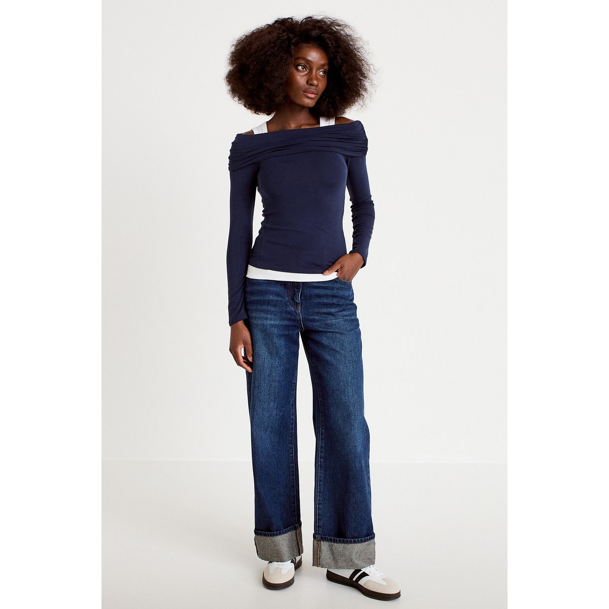 T-shirt col bardot manches longues bleu marine, CACHE CACHE