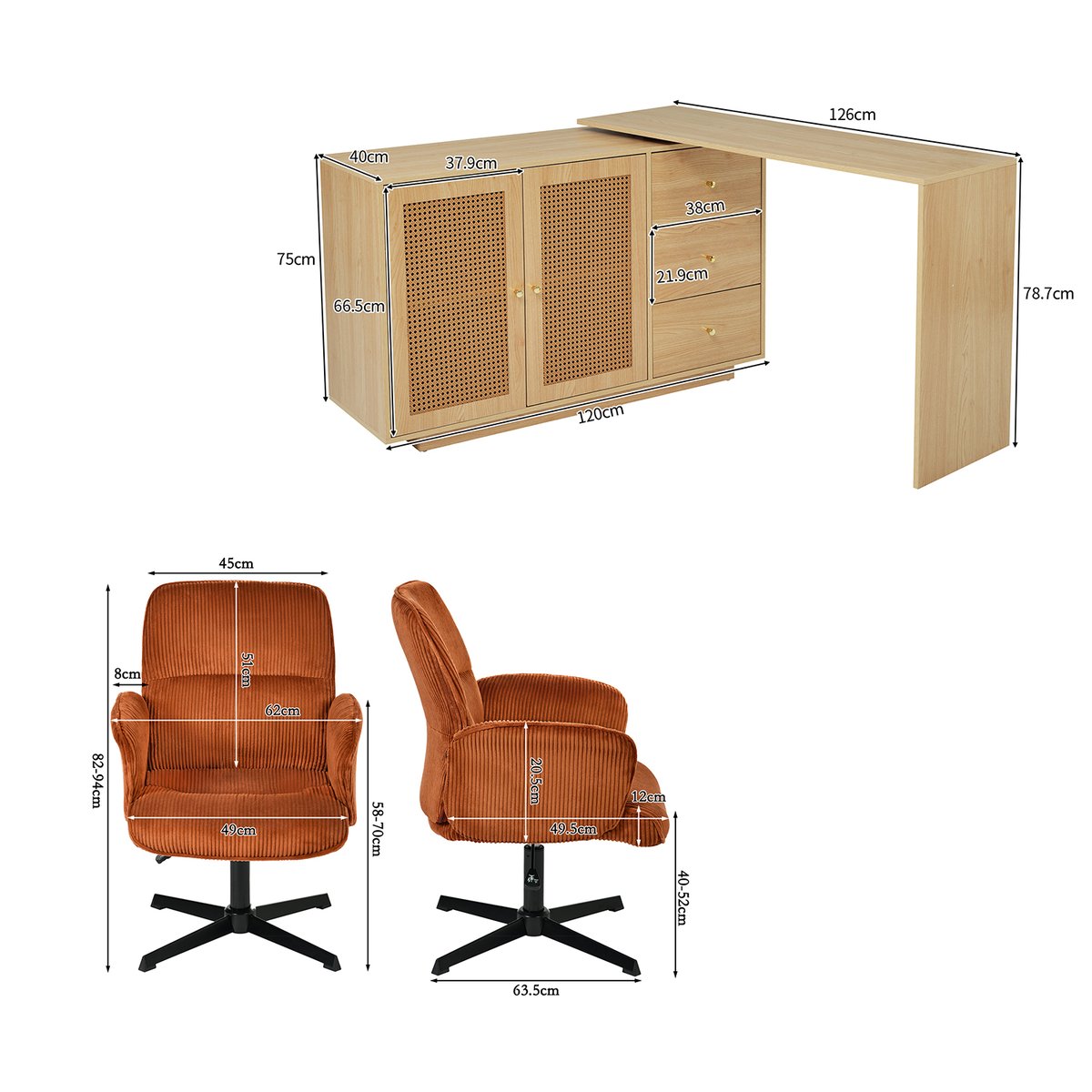 Ensemble de bureau d’angle rotatif avec portes rotin et chaise de bureau, DICCPERNTHOMASINACORD rouge, MEUBLES COSY
