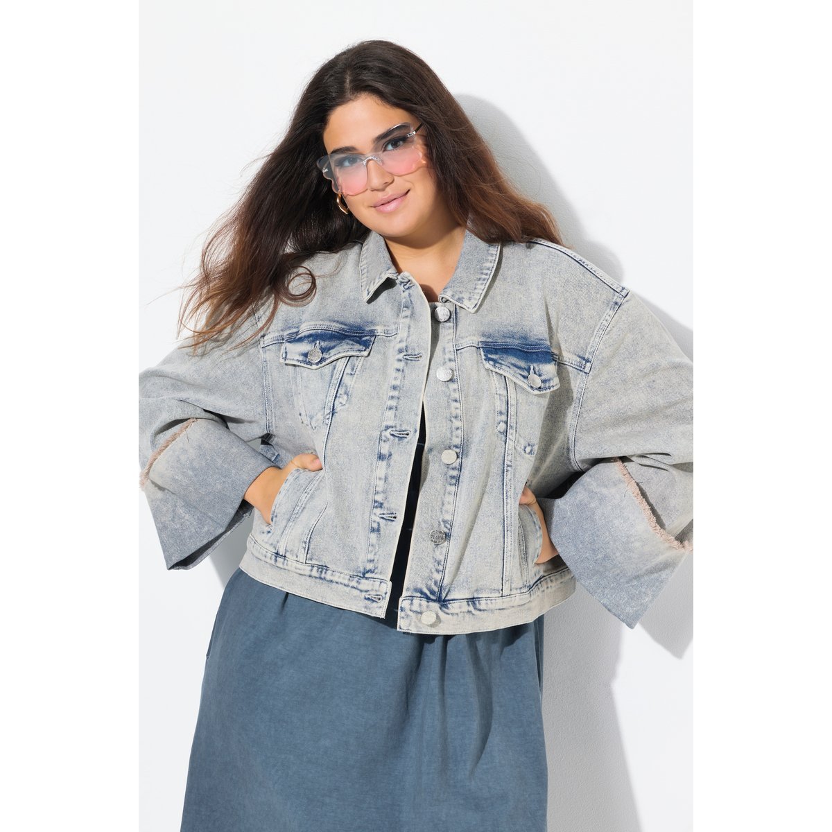 Veste en jean stretch. Col chemise bleu jean mat, ULLA POPKEN