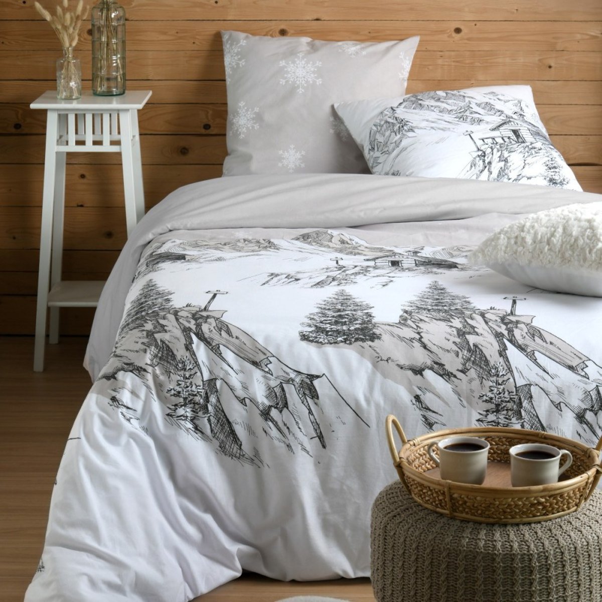 Housse de couette 100% coton 57 fils + 2 taies d’oreiller blanc, DECORATIE