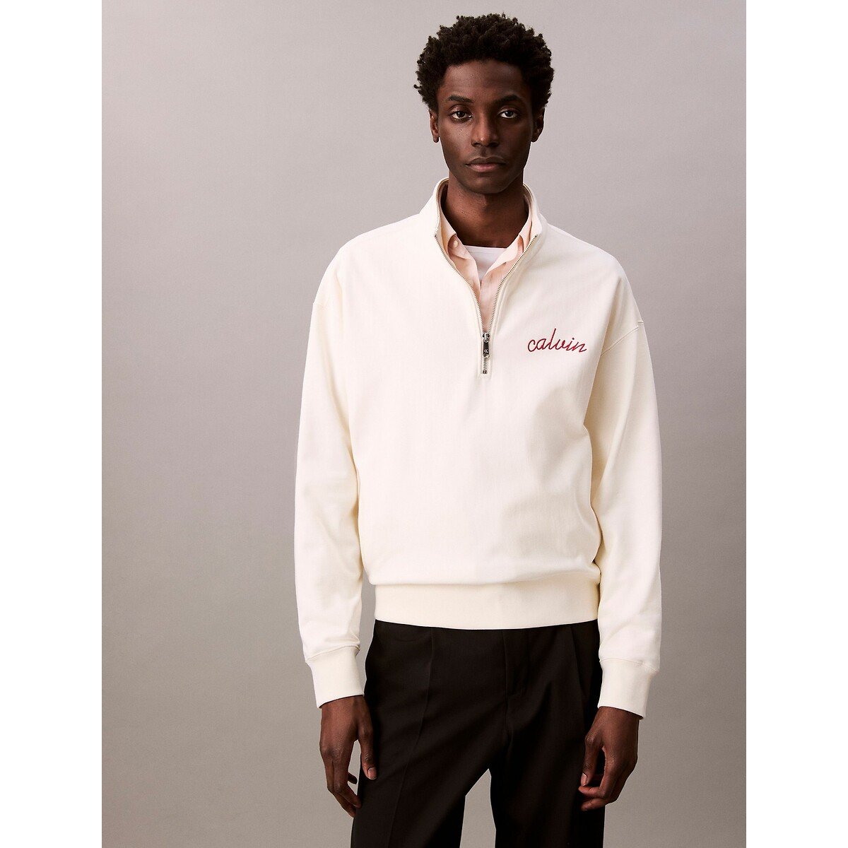 Sweat col montant demi zippé crème, CALVIN KLEIN JEANS