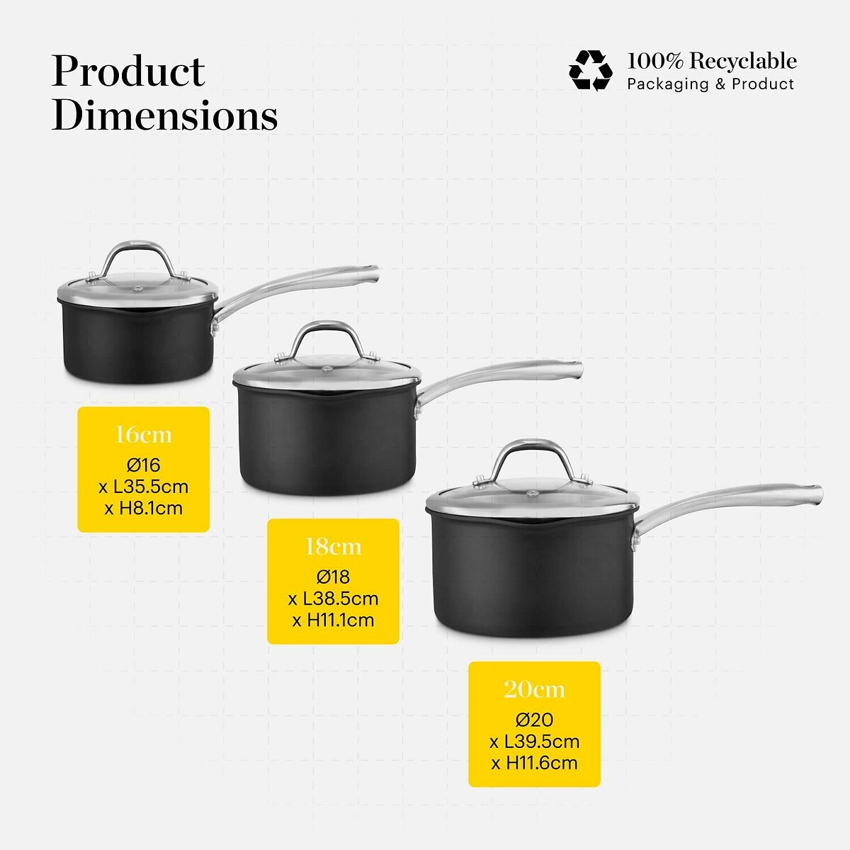 3-Piece Hard Anodized Saucepan Set black, GOOD FOOD BY TOWER