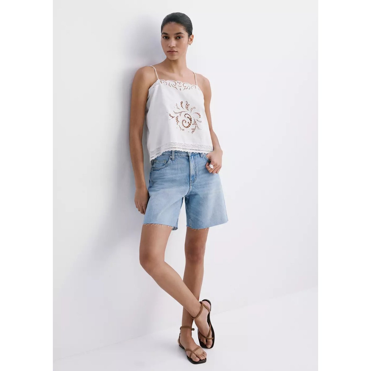 Bermudas en denim coupe droite taille basse bleu moyen, MANGO