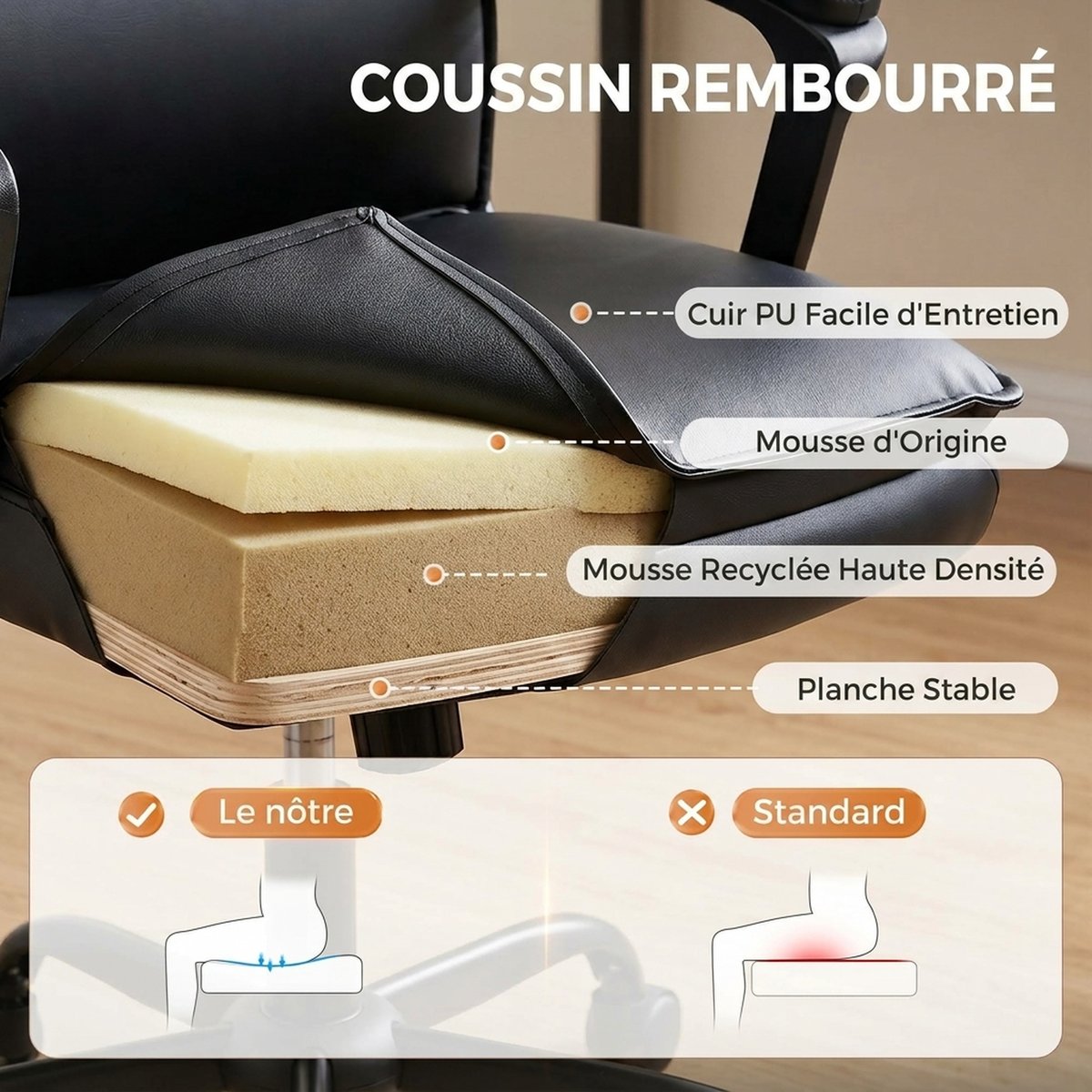Chaise de bureau PU Noir noir, HOMCOM