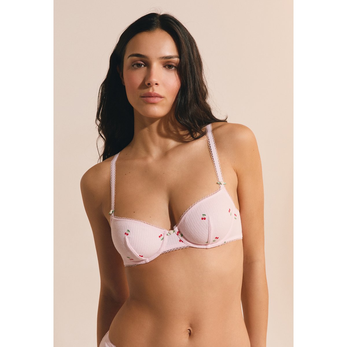Soutien-gorge balconnet en coton pointelle à motifs SLEEPOVER imp fond rose, ETAM