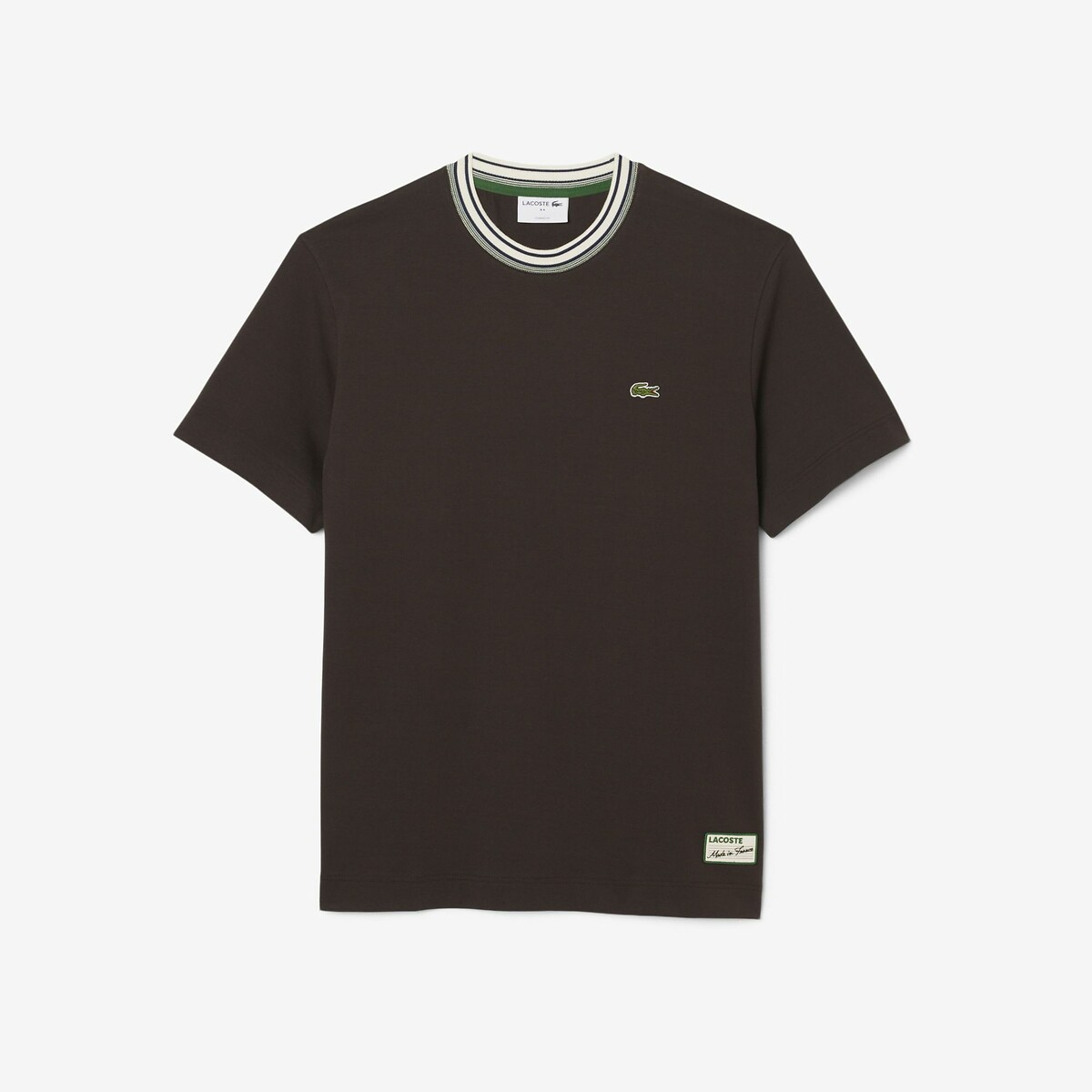 T-shirt fabriqué en France col rayé marron-skb, LACOSTE