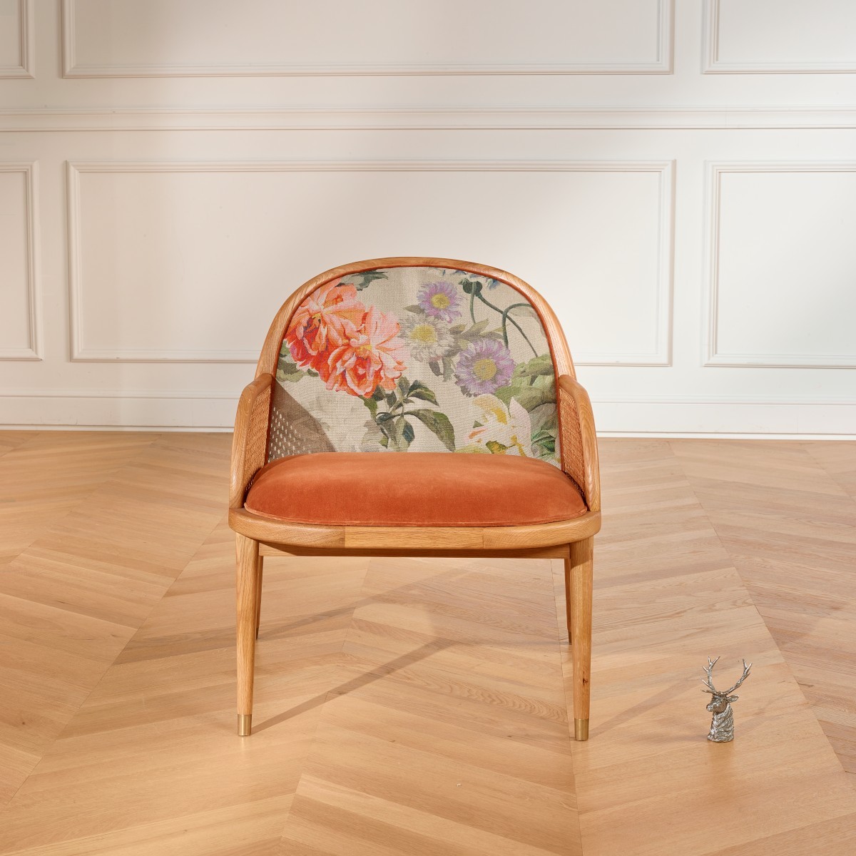 Fauteuil en chêne, cannage et velours MARCEL caramel, ROBIN DES BOIS