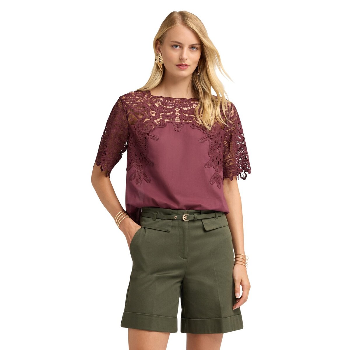 Blouse en coton avec insert en macramé violet, MOTIVI